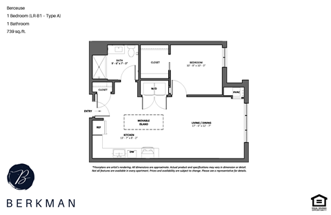 Floor plan for 1 bed, 1 bath, 740 sqft